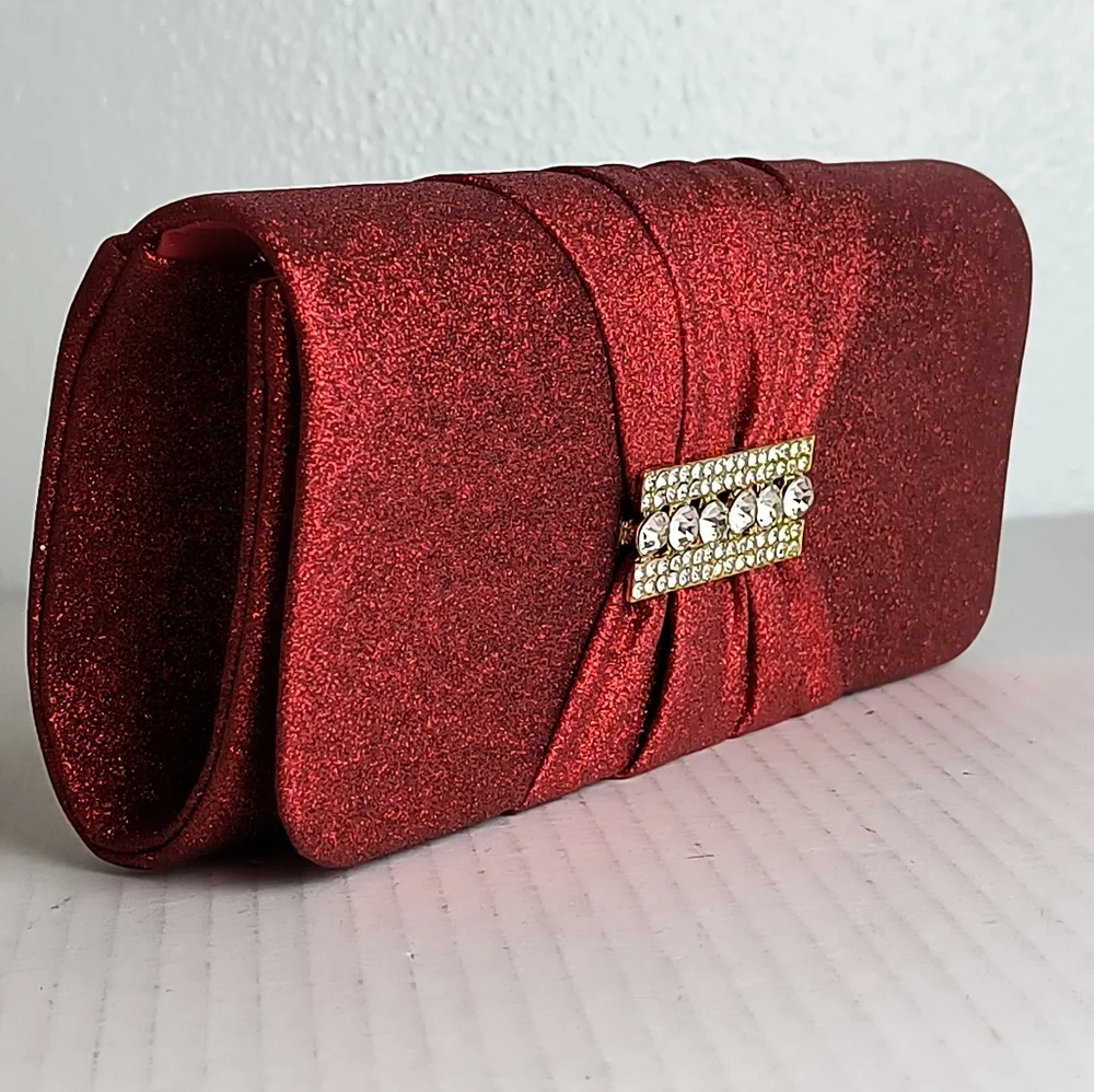 Shimmer Red Vampire Satin Evening Clutch Bag Snap Closure Glitter Red Rhinestone
